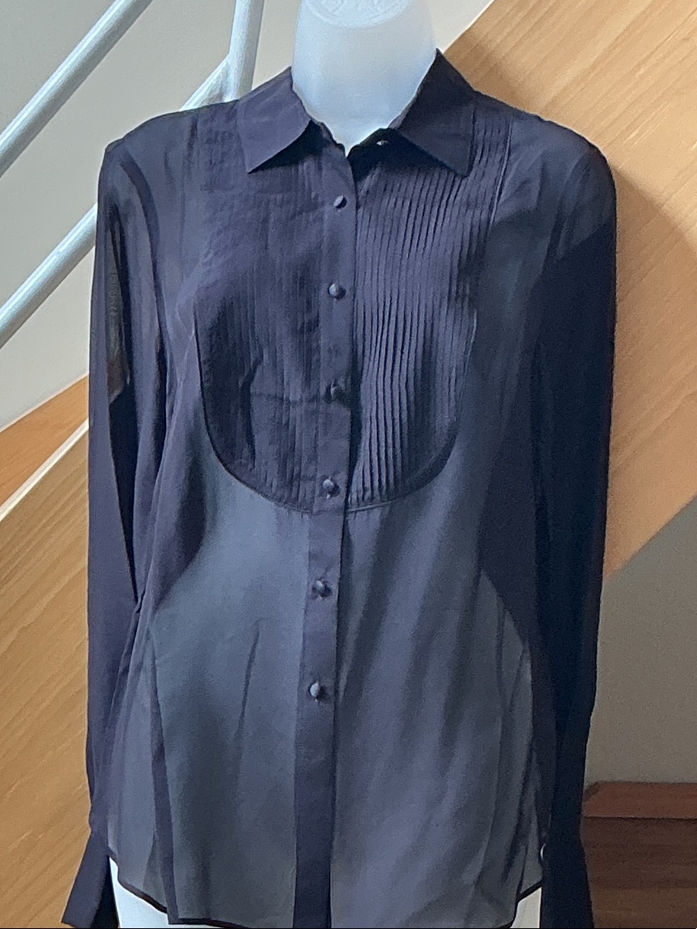 Robert Graham Black Sheer Pleated Bib Button-Up Blouse